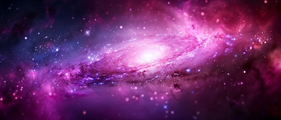 Stunning view of a vibrant galaxy with pink and purple hues, stars, and cosmic dust creating a mesmerizing interstellar scene.