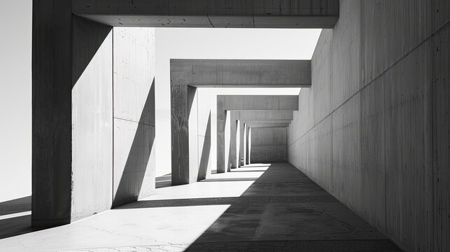 Interior architecture, minimalist open space in grey and black colours, natural light with lights and shadows.
