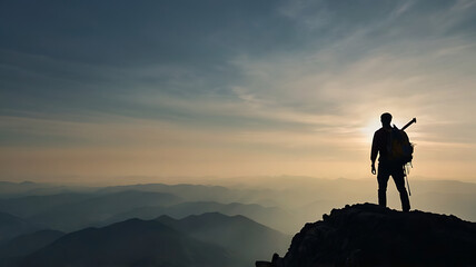 A silhouette of a leader standing on top of a mountain,with followers below looking up in admiration with copy space