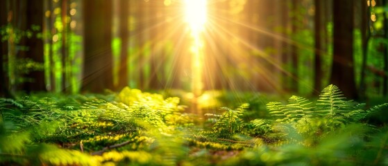 Obraz premium Sunlight filtering through a lush forest, illuminating green ferns and creating a serene, natural landscape. Ideal for nature and tranquility themes.
