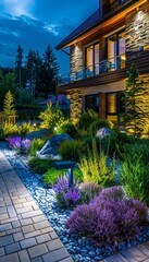 Obraz premium Modern residential garden illuminated pathway and ambient lighting enhancing flowers and plants