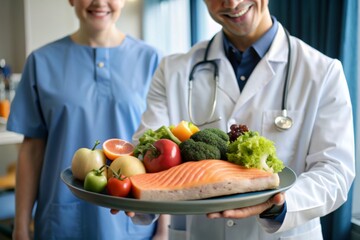 Nutritionist doctor holding healthy salmon steak and vegetable vitamin food for patient in hospital