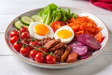 Nutritious food with fresh vegetable, meat and egg for healthy diet on white table