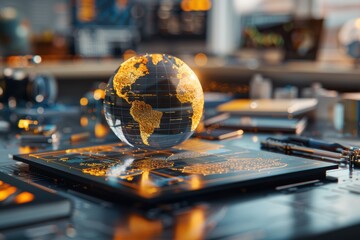 Hologram of planet earth rotating over futuristic touchscreen display