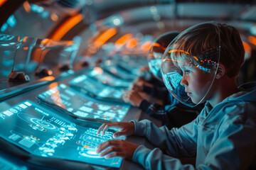 Students sit at sleek, modern desks in a futuristic classroom. Holographic displays showing interactive lessons and 3D models. Advanced technologies in education