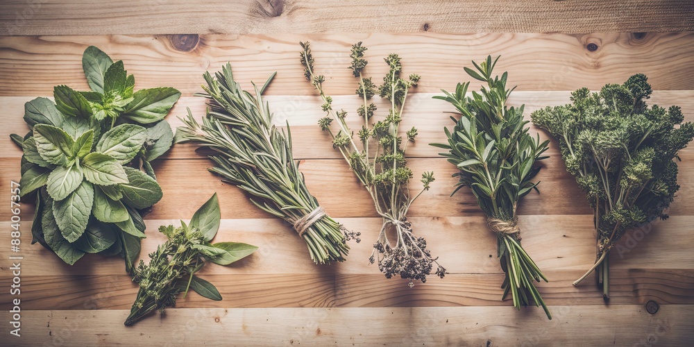 Canvas Prints fresh herbs including rosemary, thyme, mint, and sage laid out on a wooden background, herbs, fresh,