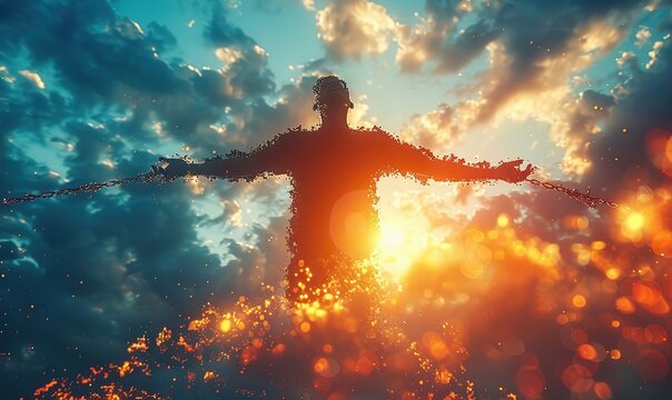 An abstract person breaks free from the chains.