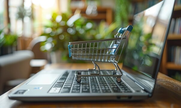 An online shopping concept is represented by a trolley standing on top of a laptop keyboard in a modern office.
