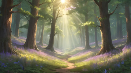 Fototapeta premium A tranquil forest scene with sunlight filtering through tall, majestic trees onto a carpet of wildflowers with copy space