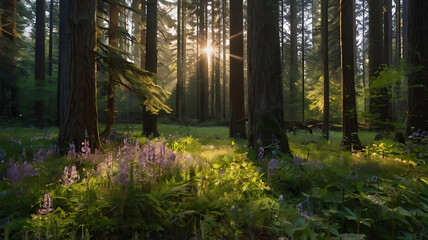 Obraz premium A tranquil forest scene with sunlight filtering through tall, majestic trees onto a carpet of wildflowers with copy space