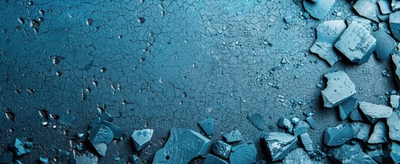 Broken stone pieces creating texture on cracked blue surface
