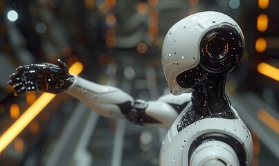 Fototapeta premium Handshake between businessman and robot on an artificial intelligence technology background.