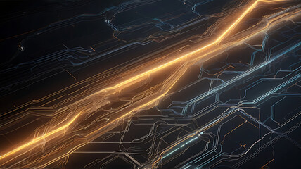 Abstract circuit patterns with glowing lines and dots, symbolising connectivity and digital advancement, copy space