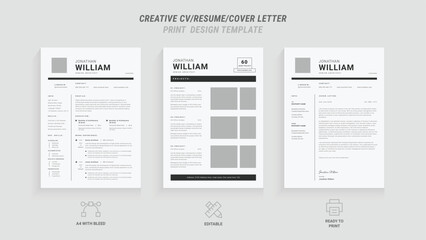 Multipurpose Clean Modern Resume and Cover Letter Design Template with Gray Header/Footer, Ideal for Business Job Applications, Minimalist CV Layout, Vector Graphic for Professional Resume