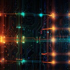Fototapeta premium Abstract circuit patterns with glowing lines and dots, symbolising connectivity and digital advancement, copy space