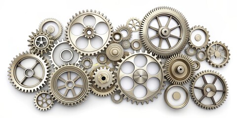 Asymmetrically arranged gears in technical drawing style on white background, gears, mechanical, machinery