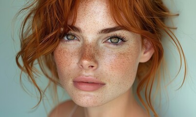 A young redhead with a sprinkling of freckles across her skin exudes a sensual aura.