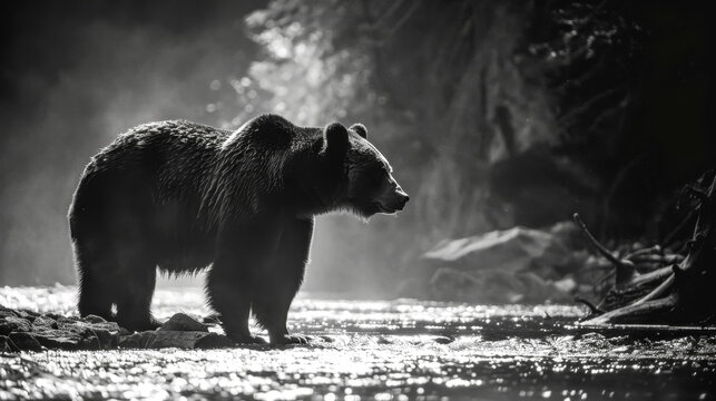 Large grizzly bear walking in river looking for salmon