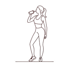 a sporty woman drinking water from a bottle. illustration line art style