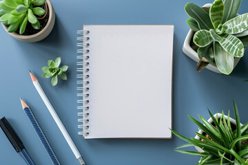 Minimalist back to school arrangement with essential school supplies. Clean arrangement of notebook, pen and pencil on a simple table.