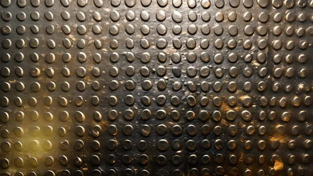 A detailed view of a door panel with a hammered metal surface giving it a textured industrial look. The metal is a mix of dark and light tones adding depth and dimension to the panel.