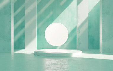3d, minimalist stage design style, turquoise and white, a circle placed in the middle, light and shadow, subtle chromatic shading, soft tones, minimalist Settings, 