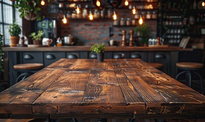 Empty wooden table in a professional restaurant kitchen background creates an ambiance of culinary expertise and efficiency.
