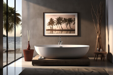 A stylish modern bathroom with freestanding white bathtub, artwork on the wall and minimalist decor.