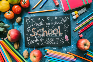 A vibrant back to school scene with a variety of educational materials. Textbooks, a globe and colored pencils laid out on the table. "Back to School" text prominently featured on the notebook cover