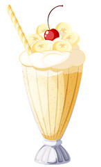 Banana Milkshake Vector with Banana Slices, Whipped Cream and Cherry