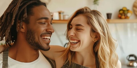 Fototapeta premium Funny pair singing and dancing in kitchen enjoys their romance and is wild together. Happy couple dancing, loving, and smiling after home cooking with apron