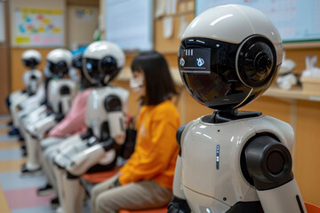 Fototapeta premium Robot teachers engage students in a high-tech classroom. Advanced AI robots to help students in education