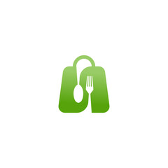 shop food, restaurant bag logo, bag fork spoon vector icon