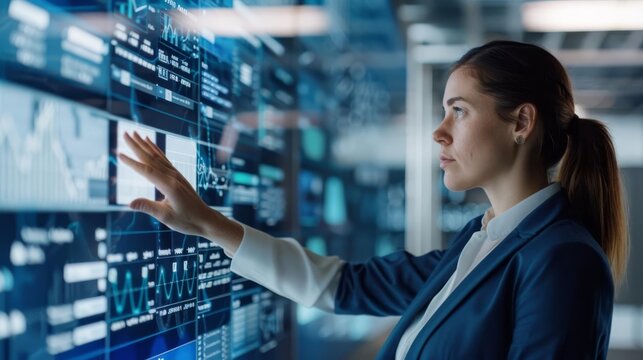 Female secretary scheduling appointments on futuristic touch screen, time management, business