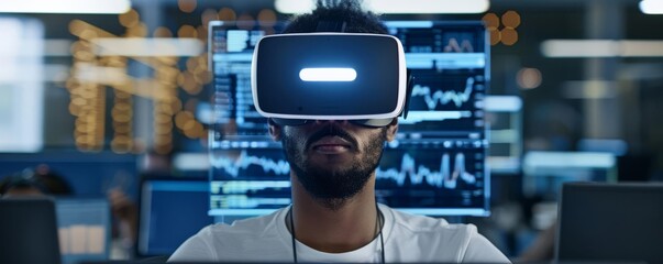 Programmer working on blockchain project with virtual reality headset, advanced tech, focus