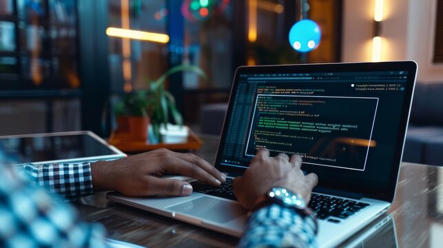 Programmer typing code on laptop with AI assistant hologram beside, modern technology, productivity