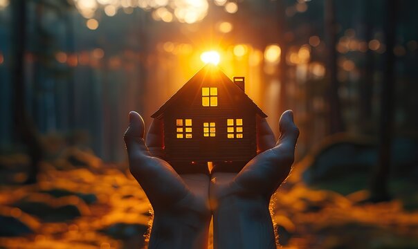 A couple cherishing their first house, represented by two people holding a small house silhouette against the warm sunlight.