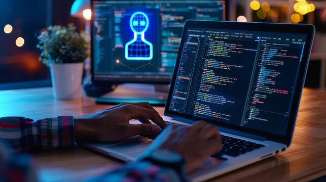 Programmer typing code on laptop with AI assistant hologram beside, modern technology, productivity