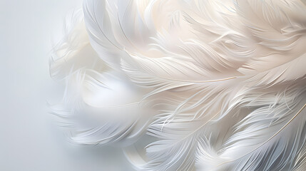 Fototapeta premium Beautiful fluffy white feather, abstract feather on white background. High resolution. Copy space for design and text. Pastel beige and white colors. High resolution.