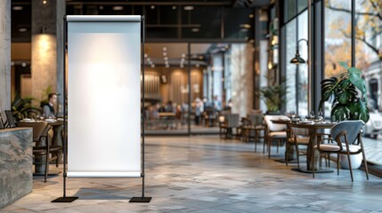 Blank rollup banner stand in modern restaurant interior with blurred background