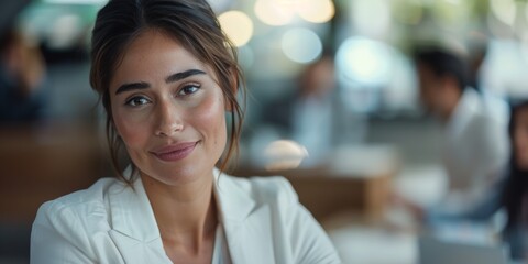 Fototapeta premium Happy woman composing email, report, or article at digital agency workstation. Tech startup entrepreneur with online review, networking project, and grin