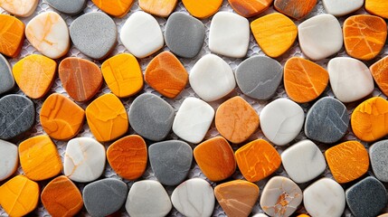 Vibrant mosaic of polished stones in shades of orange, gray, and white, creating an attractive pattern ideal for backgrounds or design projects.