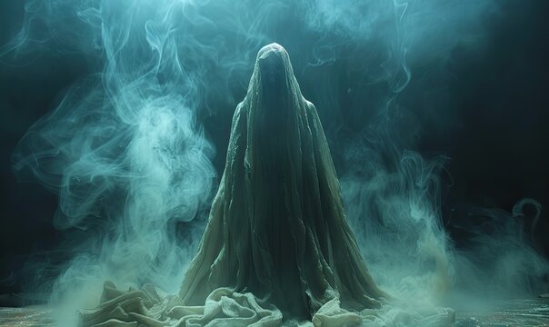 A female ghost rises up on a dark background.