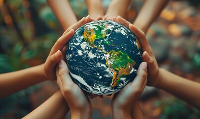 Multiple hands holding a planet Earth globe above their heads to save the planet.