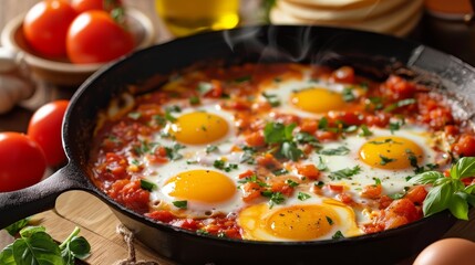 Traditional shakshuka cooking in frying pan realistic image for authentic culinary experience