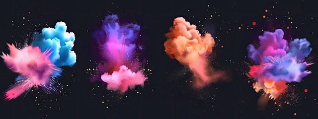 Set of colorful smoke explosions and blasts isolated on transparent background