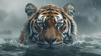 A tiger is swimming in the ocean with its head above the water
