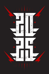 2025 - Electrifying New Year Logo: Bold White Typography with Red Lightning Bolts. Grunge Texture on Black Background. Perfect for Album Covers, Concert Posters, and Rock Merchandise.