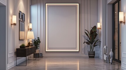 An elegant hallway with a large blank wall frame mockup, highlighted by stylish lighting and minimalist decor.