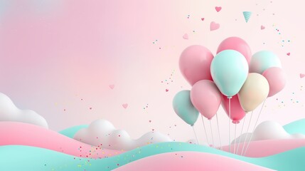 A colorful bunch of balloons floating in the sky with a pink and blue background
